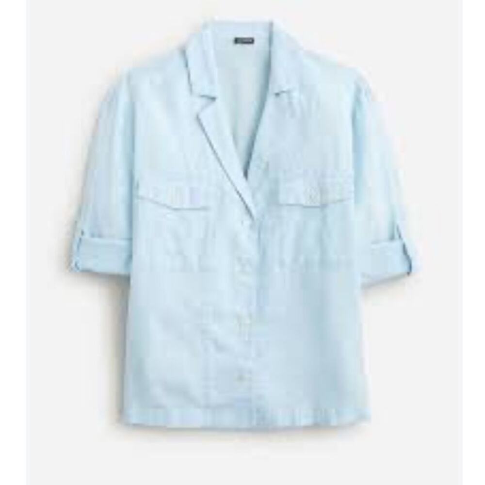 J.Crew Linen Cotton Utility Shirt Jacket Blue Size 4 Roll Tab Sleeve Safari